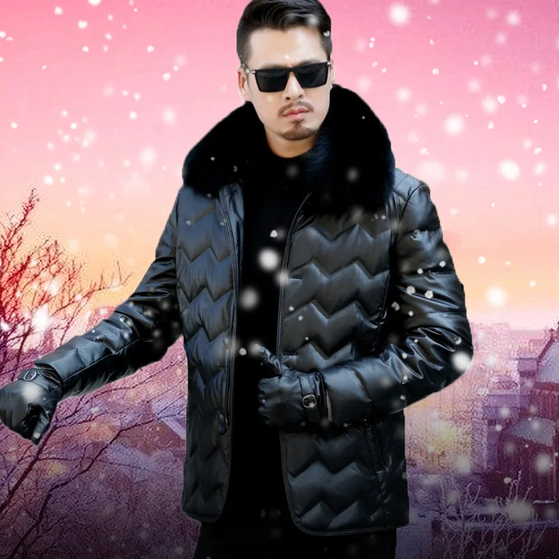 Men Mid-length Genuine Leather down Jacket Casual Thick White Duck down Jacket Haining Middle-aged Genuine Leather Clothes