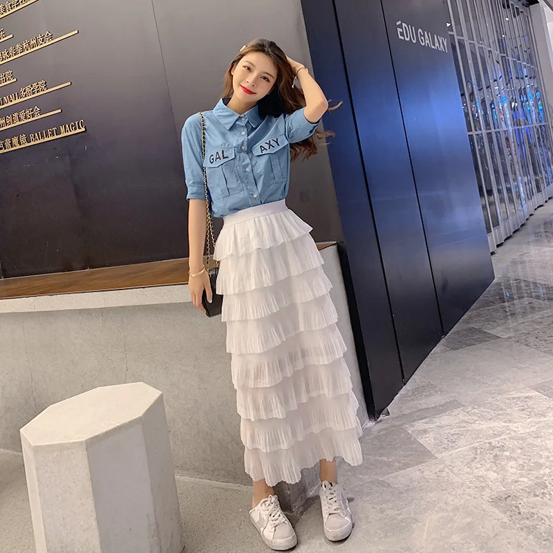 

WOMEN'S Suit Summer 2019 New Style Trendy Letters Printed Denim Shirt + Skirt Cake Dress Two-Piece Set F7229
