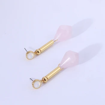 

Elegant geometric drop-shaped pink stone long earrings