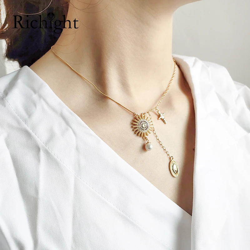

Trendy 925 Sterling Silver Cross Pendant Necklace Link Asymmetrical Design Gold Chain Necklace Sun Flower Pearl Dangle Necklace