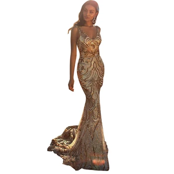 買取 セクシーなディープvネックスパンコール刺繍ドレスハイウエストミドルスターショーホスト社会ウエディングイブニングドレススリム痩身