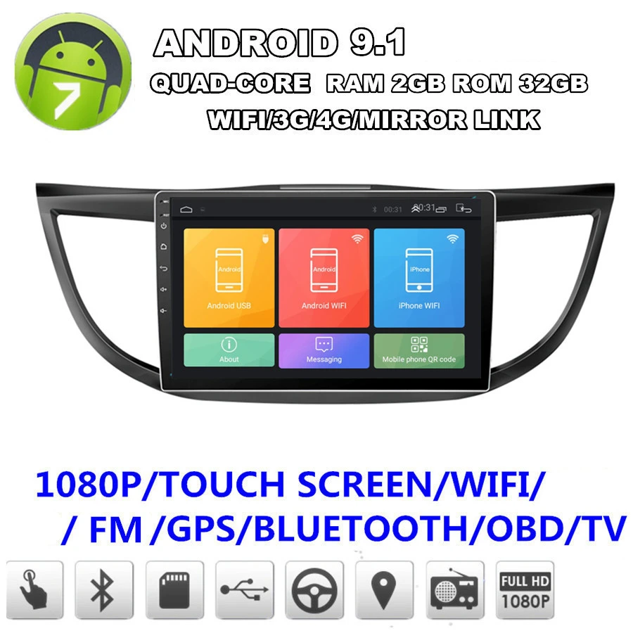 10,1 ''стерео для Android 9,1 четырехъядерный ОЗУ 2 ГБ+ 2 Гб радио wifi BT зеркальная связь OBD для Honda CRV 2012- с CANBUS