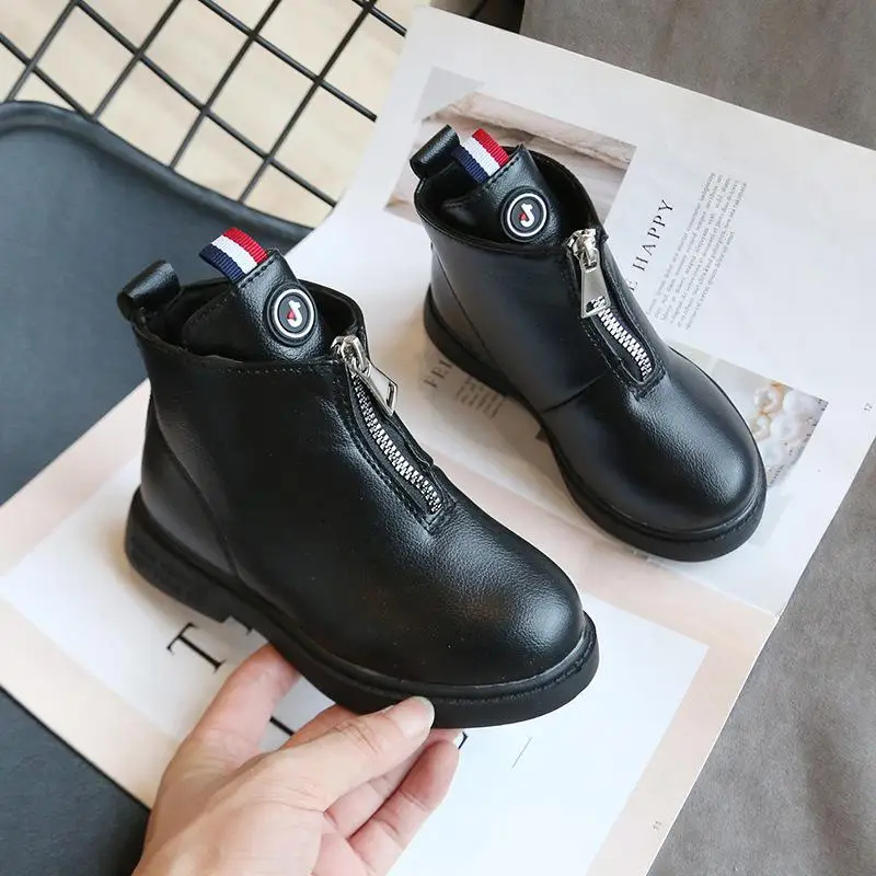 Детские ботинки водонепроницаемая обувь для мальчиков детские ботинки из искусственной кожи повседневные ботинки для мальчиков теплые ботинки Martin для девочек спортивная обувь 27-37 - Цвет: Black
