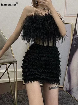 

Heavy craftsmanship stitching ostrich feather tube top hollow waist multi-level frills bag hip dress ladies autumn new style