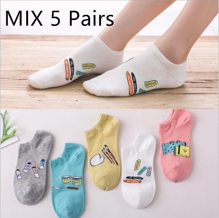 5 пар, смешанные, корейский стиль, хлопковые, женские, мужские, короткие Дышащие носки, анти-вонючие, модные, удобные, повседневные, дикие носки - Цвет: DWAA6