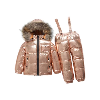 

Winter Kids Snowsuit Waterproof Warm Gold Down Jacket + Overalls Girl Ski Suit 1-6 Years Baby Silver Parka Coat Jumpsuit