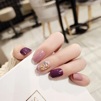 

24pcs/boxed Violet Constellation Short Purple Pink Jump Lovely Girl with Faux Diamond Decorative Wearable Fake Nails with glue