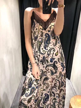 

Women Dress 100% Viscose French Romantic Paisley Print Cashew Printed Halter Lace Midi Dress