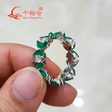 Bijoux de bande d'éternité en argent 925, 4 feuilles d'herbe vert foncé, émeraude Muzo hydrothermique avec D vvs moissanite