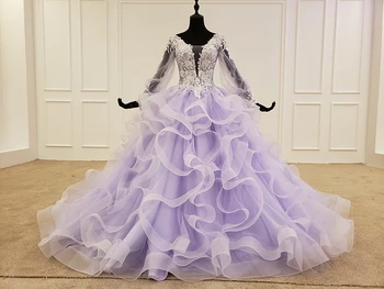 

BGW Arabic Evening Dress Long Sleeve V-neck Girl Pageant Long Dress For Wedding Party For Women Ruffle Purple Платье Женское