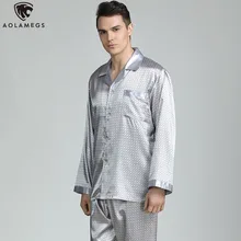 Aolamegs Men Pajamas Set Luxury Printed Silk Sleepwear Thin Soft Long Sleeve Turn-down Loose Advanced Style Men Pajamas Autumn Aolamegs Men Pajamas Set Luxury Printed Silk Sleepwear Thin Soft Long Sleeve Turn-down Loose Advanced Style Men Pajamas Autumn