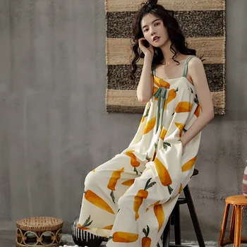 

New Spring Pajama Kigurumi for Women Sleeveless Long Pant Carrot Print Cotton Cute Onesie Women One-piece Jumpsuit Sleepwear