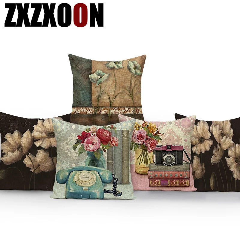 Винтаж стиль машина Подушка Чехол в форме цветка с рисунком вазы для дивана