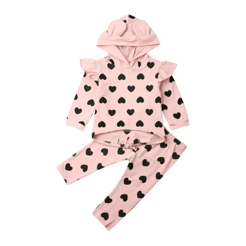 

2020 New Fall Autumn 1-5Y Kid Children Baby Girl 2Pcs Set Pink Heart Print Hooded Ruffled Long Sleeve Top+Pants Toddler Outfits