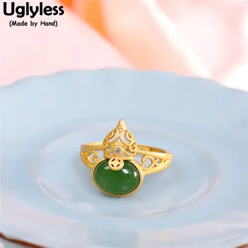 

Uglyless Ethnic Hollow Gourd Rings for Women Natural Green Jade Jasper Rings Real Gold 925 Silver Retro Jewelry Gemstones Bijoux