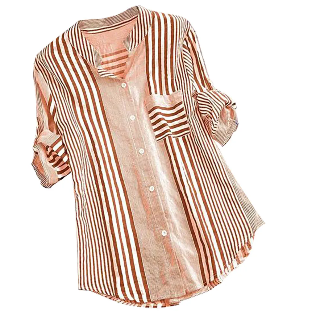 Long Women Plus Size Three Quarter Blouses Women Casual Striped Print V-neck Loose Fit Top Tee lady Blouse Zip-up Soft Shirt long sleeve tops