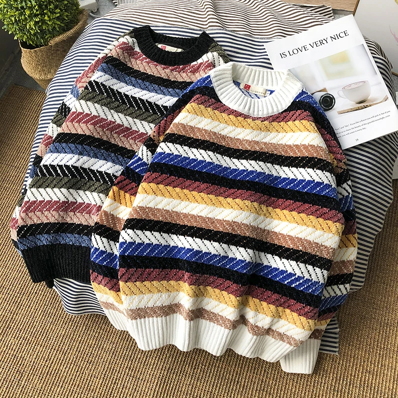 Winter Sweater Men Warm Fashion Contrast Color Casual Knit Striped Sweater Man Sweter Clothes Loose Long-sleeved Pullover Men