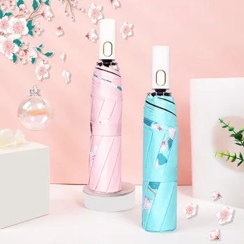 

High quality Sakura pattern automatic umbrella Fashion Windproof Sun Rain Ladies Vinyl Umbrellas Anti-UV For Women Gift