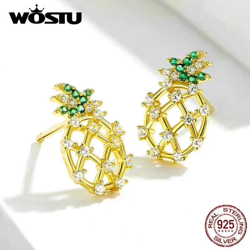 WOSTU Настоящее серебро 925 проба ажурная запонка с ананасом серьги для женщин маленький золотого цвета серьги Свадебные украшения подарки DXE728