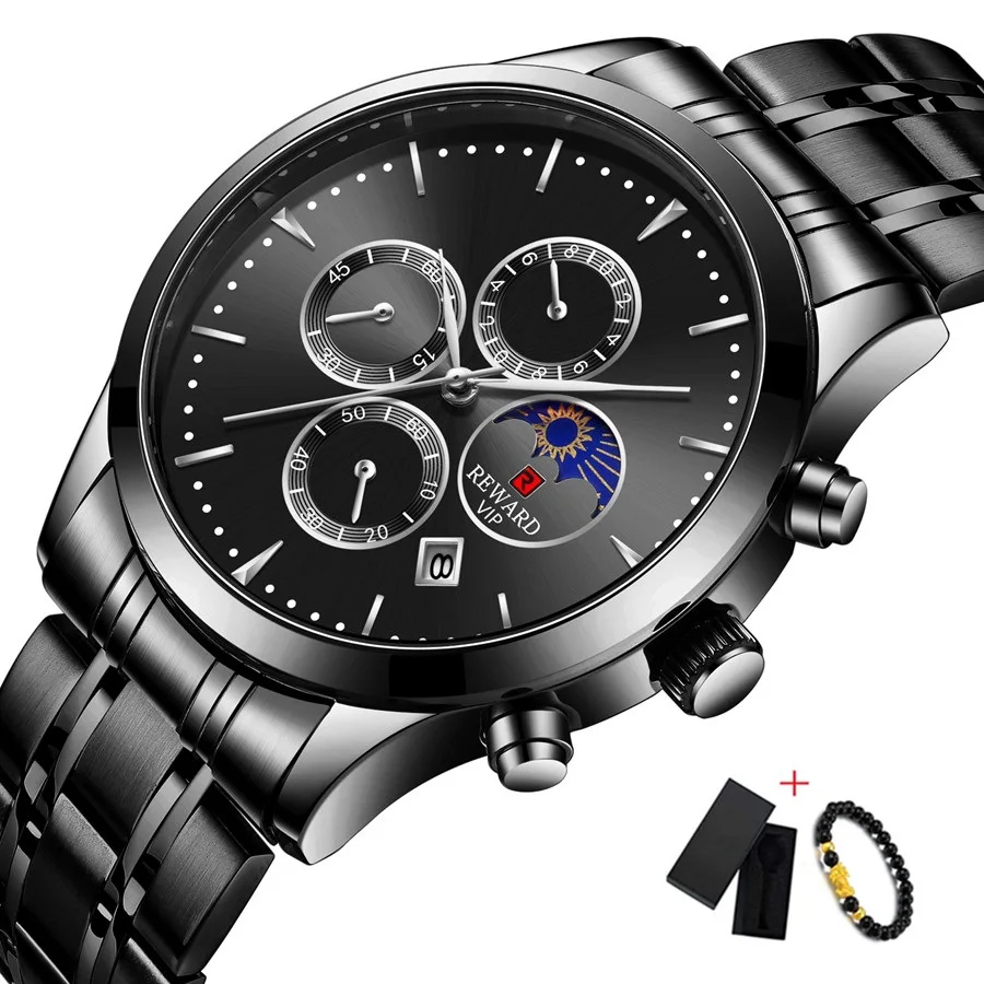 Full Black Роскошные золотые и синие часы для мужчин Moon Phase модные водонепроницаемые Стальные наручные часы для мужчин s кварцевые спортивные часы Relogio Masculino - Цвет: Full Black