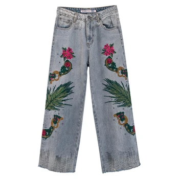 

Fall Spring Vintage Womens High Waisted Embroidery Flower Rhinestone Tassel Wide Leg Jeans Pants , Denim Trousers for Woman