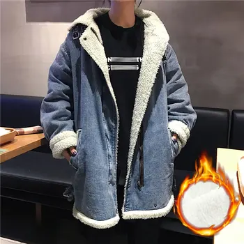 

Winter new mid-long denim jackets lamb hair loose Fashion zipper warm motorcycle jacket thicken Drop Shipping
