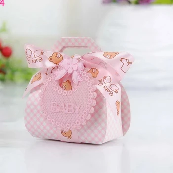 

24pcs blue pink candy box with bear ribbon and baby tag for boy girl baby shower party favor boxes