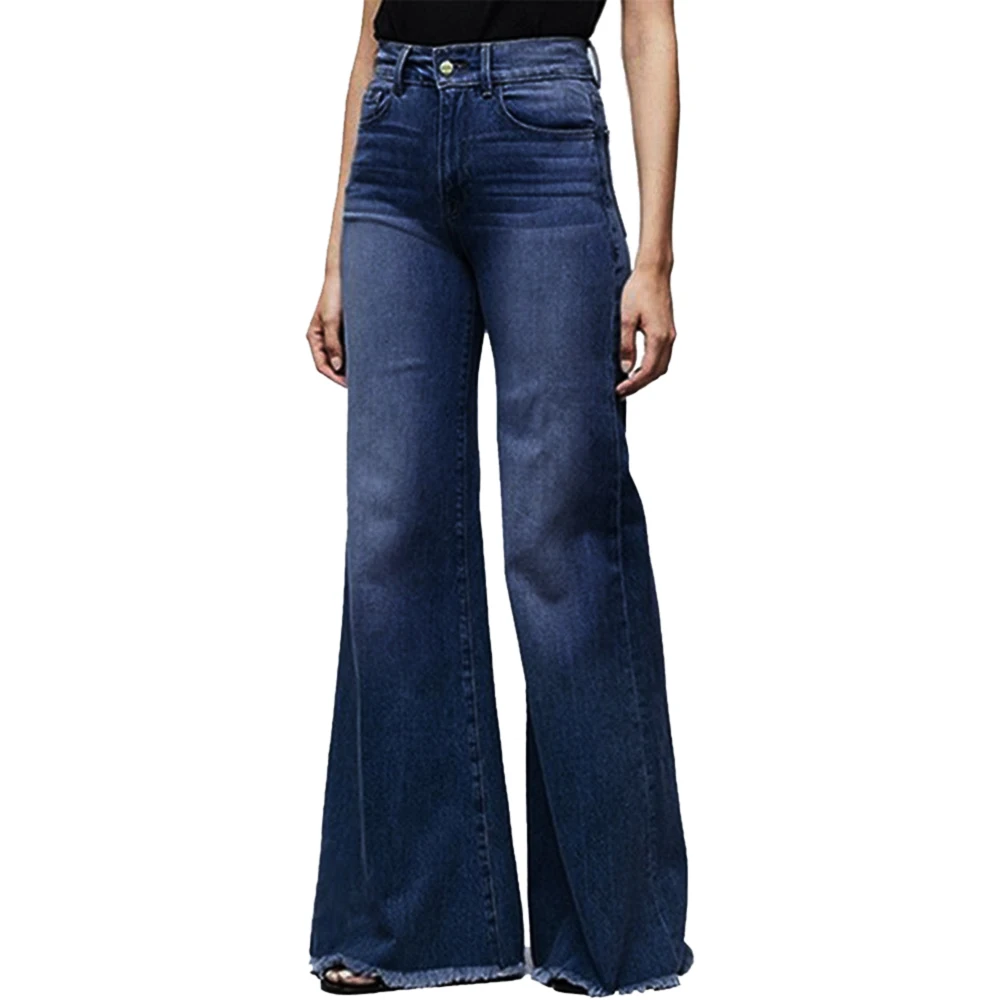 Oeak, женские модные повседневные рваные джинсы, женские винтажные Стрейчевые джинсовые штаны, женские широкие расклешенные брюки, длинные штаны на пуговицах - Цвет: Dark blue 2
