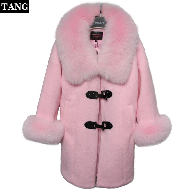 

New arrival 2019 Winter pink wool Coat Horn butto large fox fur collar plus size Thick Warm Women Long Fur Coats