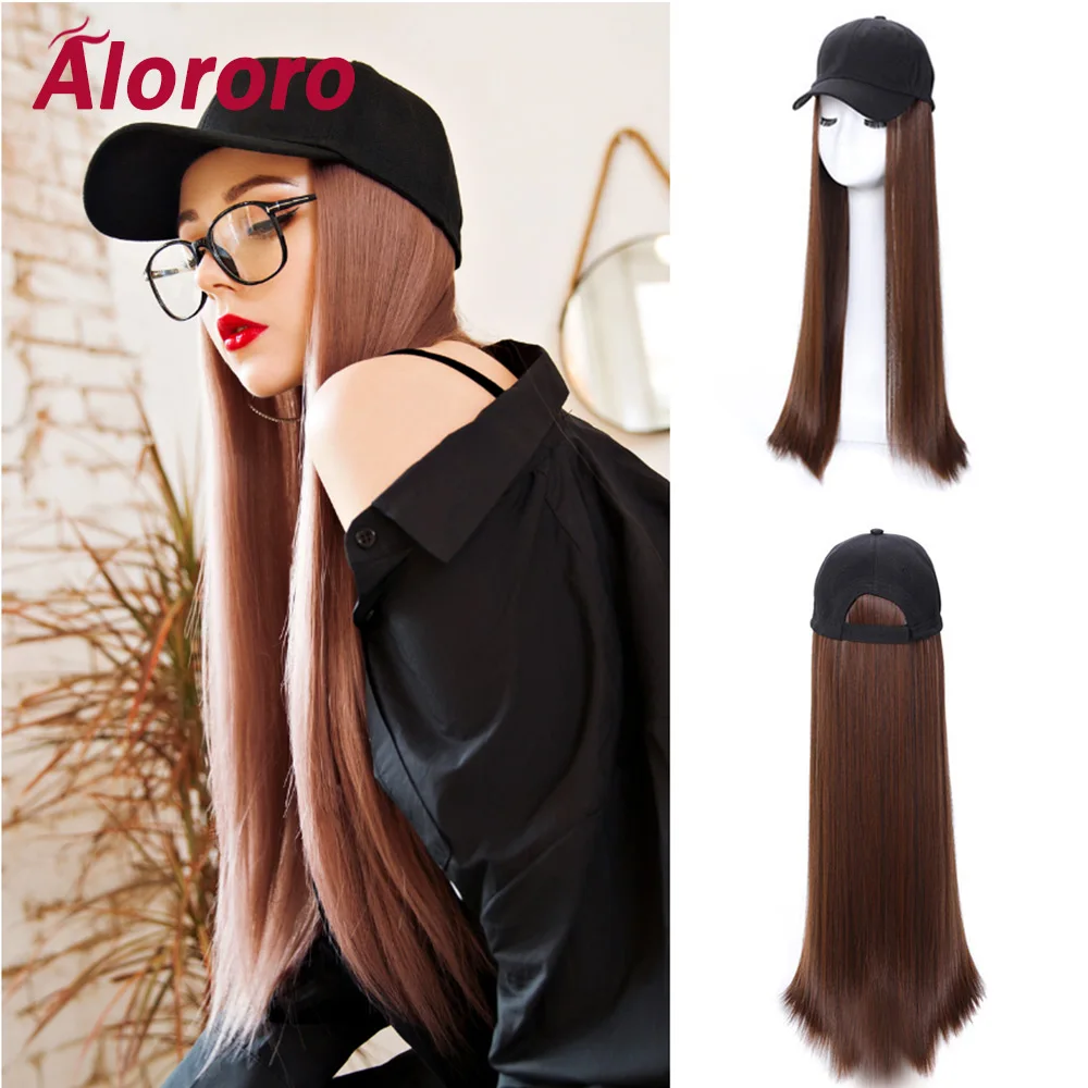 

Alororo Black/Brown Long Wigs for Fashion Girl Knit Baseball Cap 24inch Straight Long style Synthetic Hair Extension False Hair