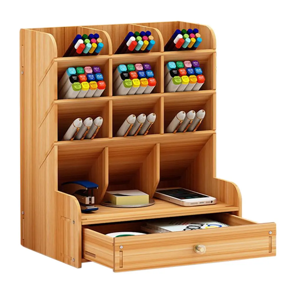 

Wooden Desk Organizer Multi-Functional DIY Pen Holder Box Desktop Stationary Home Office Supply Storage Rack