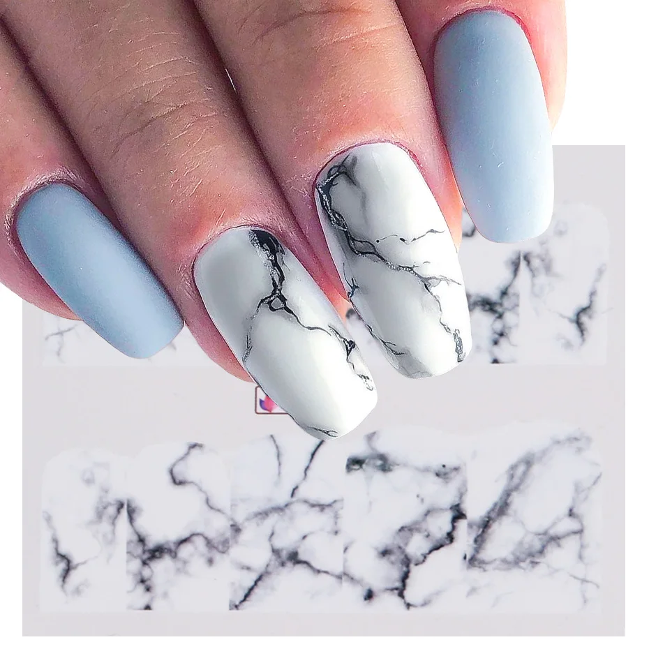 White Black Gradient Marble Nail Art Sticker Water Transfer Decal Watermark Slider Manicure Full Wrap Tool Decors
