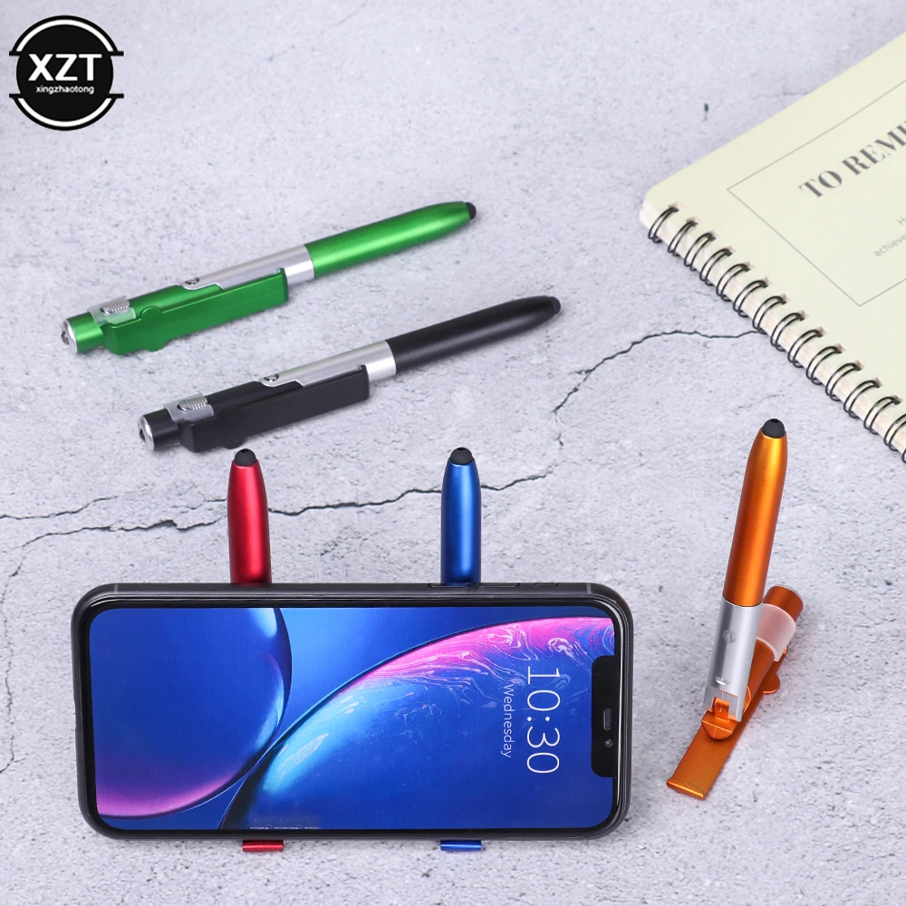 Multi-function 4-in-1 Foldable Ballpoint Pen Capacitive Stylus Flashlight Support for Tablet Cellphone Mobile Phone Holder