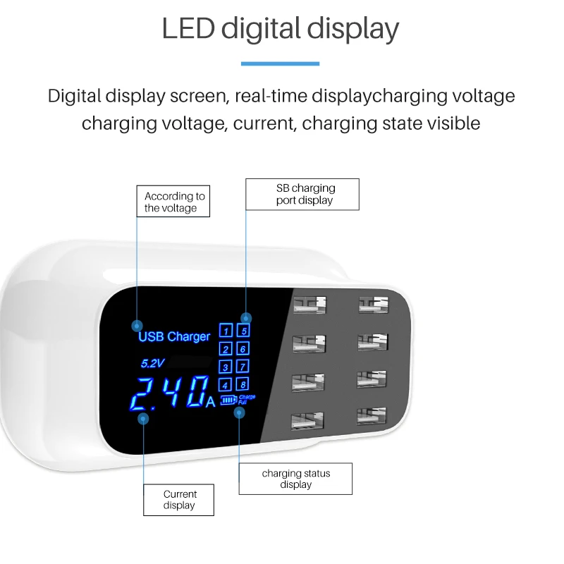 

8Port Digital LCD Display USB Charger For Android iPhone Adapter 2.4A Fast Charger For xiaomi Huawei Samsung