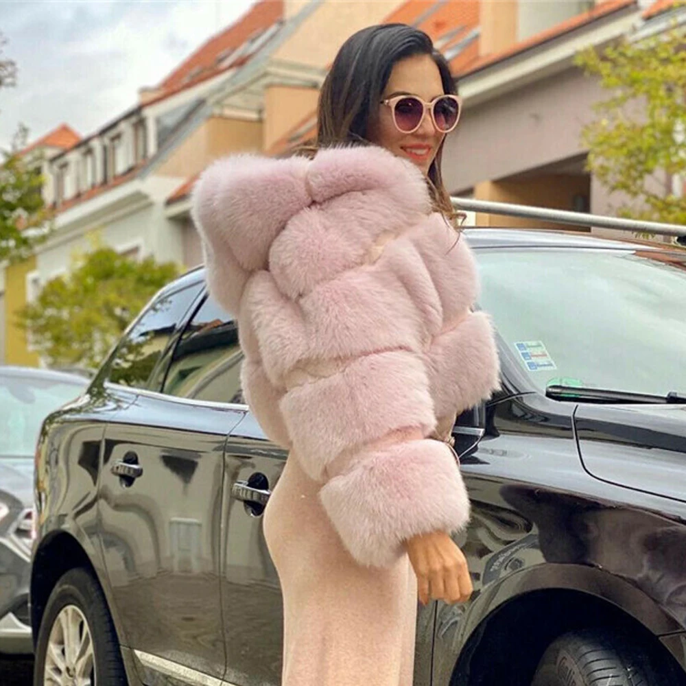 Fashion Pink Short Natural Fox Fur Jacket with Hood Winter New Women Whole Skin Genuine Fox Fur Coats Female Trendy Fur Overcoat
