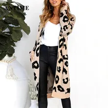 Antime Leopard Print Knitted Sweater Long Sleeve Cardigan Casual Autumn Winter Women Coat Pockets Plus Size Sweater Christmas