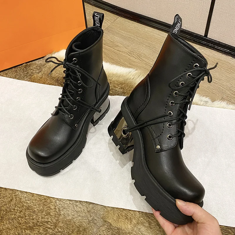 Punk Retro Platform Women's Motorcycle Boots New Street Metal Decoration Goth Ladies High Heels Pole Dance Demonia Female Shoes