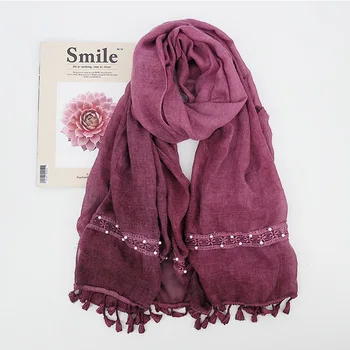 

New lace fringed Islamic scarf large shawl Pearl solid color comfortable stitching shawl VS156