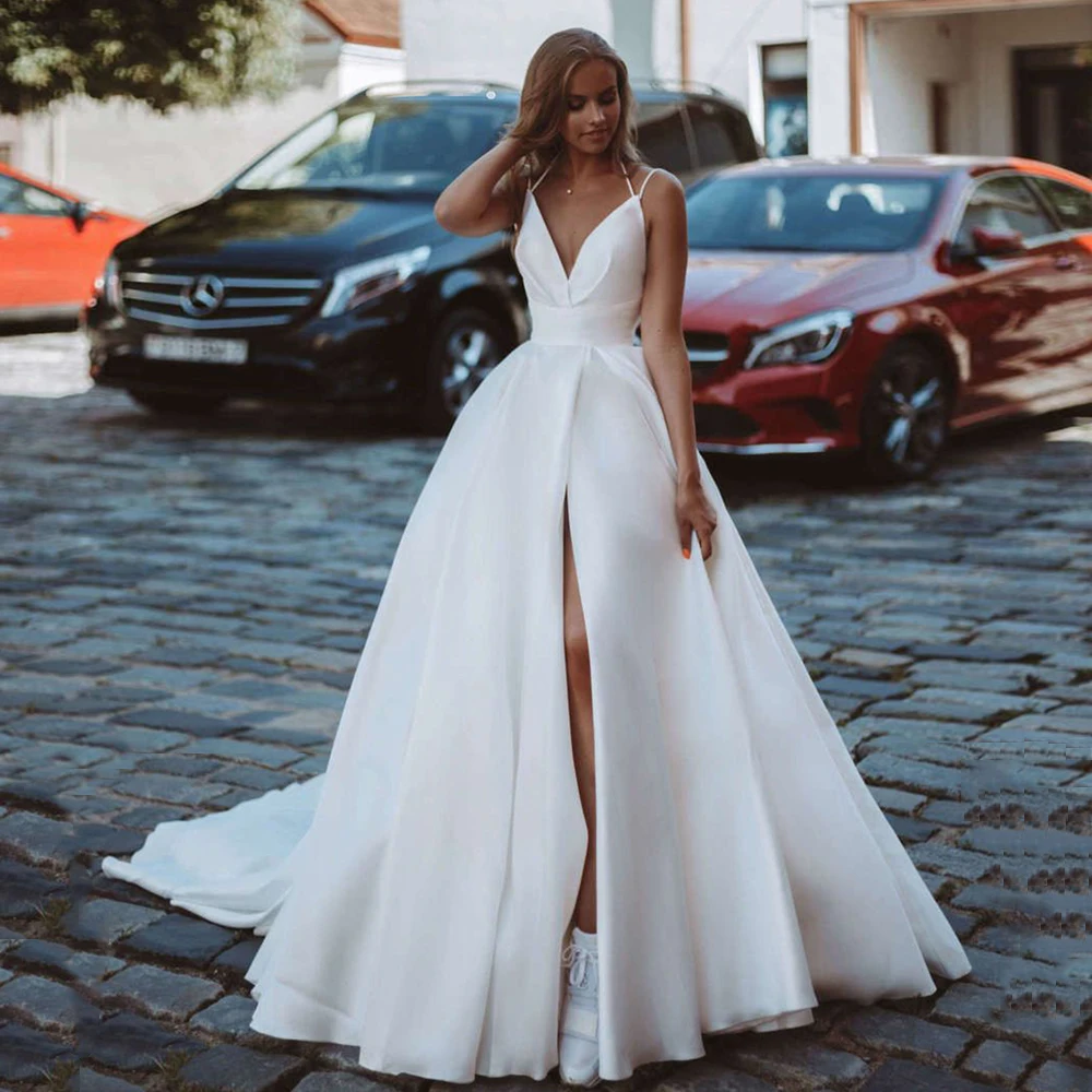 wedding gown Sexy Sleeveless Satin Wedding Dresses V Neck Simple Ball Gown Bridal Dress Open Back Long Train Vestido De Noiva winter wedding dresses