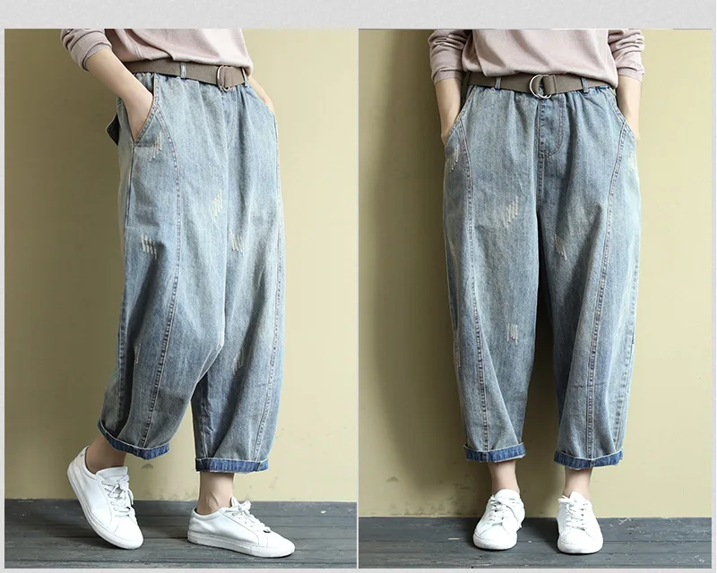 Spring Autumn Bleached Jeans Women Elastic Waist Loose Casual Denim Pants Ladies Washed Pockets Cotton Trousers With Belt