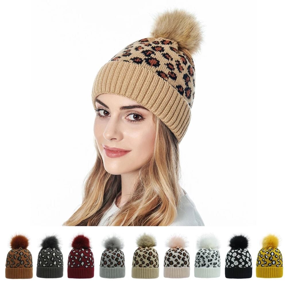 Knit Leopard Beanies Women Pom Pom 
