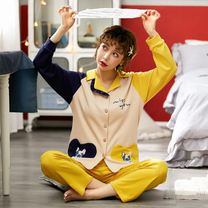 

6602 # Mixed Colors Collar TT Cardigan Pure Cotton Long Sleeve Korean-style Sweet INS Princess Style Pajamas Tracksuit Two-Piece