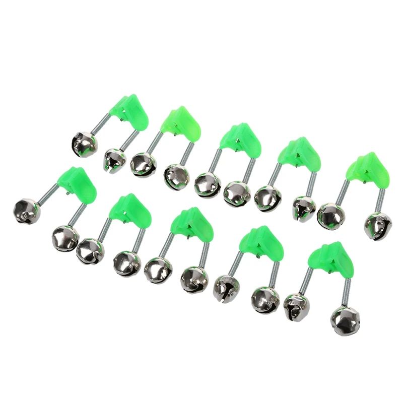 

10 Pcs Green Spring Loaded Clip Double Fishing Rod Alarm Bells Silver Tone
