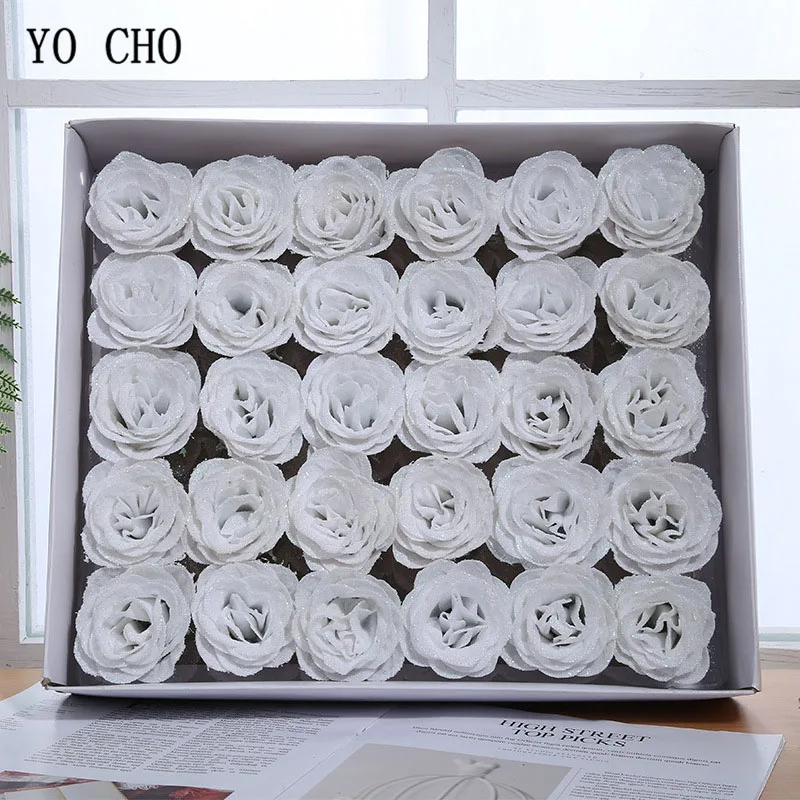 white YO CHO 1 коробка Хрустальная роза блестящая Цветочная головка искусственный шелк Голубая роза 7 см Цветочная головка DIY домашний свадебный Декор подарок на день Святого Валентина - Цвет: white