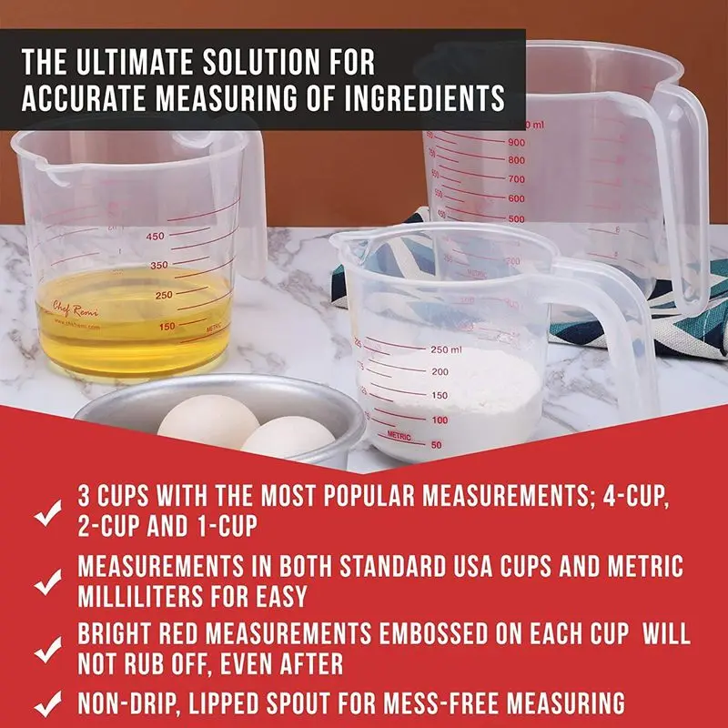 3pc Plastic Measuring Jug Set Large 4 Cup, 2 Cup and 1 Cup Capacity BPA Free Measuring Beakers with Angled Grip Essential Kitche