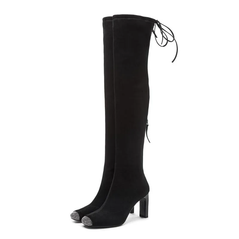 RIZABINA Women High Quality Real Leather Crystal Over Knee Boots Comfortable New Shoes Woman Winter Warm Long Boots Size 34-40