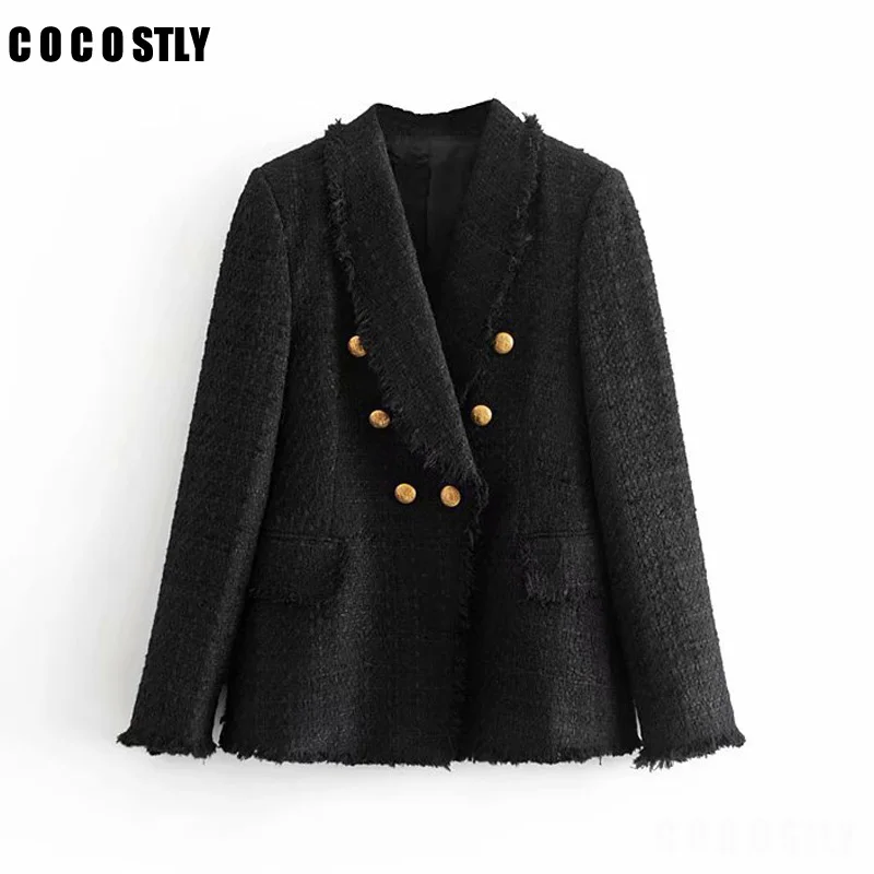 Двубортный твидовый Блейзер женская модная повседневная клетчатая куртка