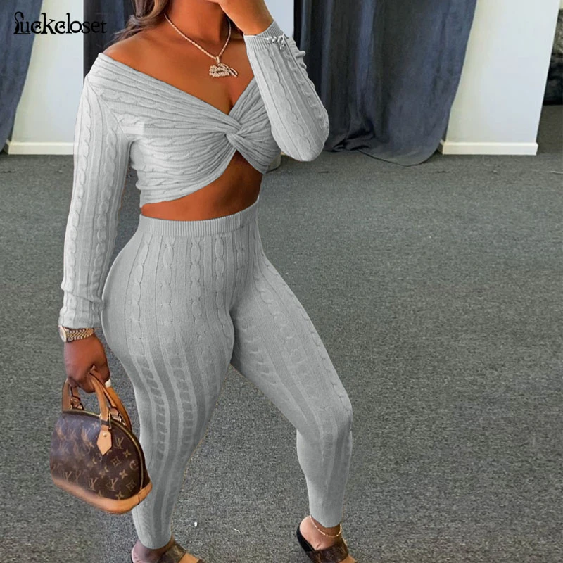 

Womens Knitting 2Piece Set V Neck Sweater Top +Pants Casual Tracksuits High Waist Pencil Pants Jumper Knitted Two-piece Set