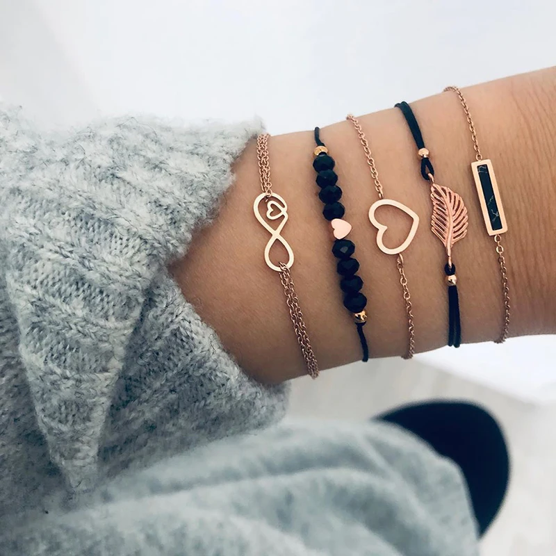 

VAGZEB 4 Pcs/ Set Gold Color Chain Bracelets Set for Woman Gold Color Heart Leaf Infinity Charm Wedding Bracelets Bangles
