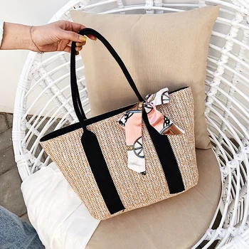 

Casual Straw Bag Women Handbag Exquisite Silk Scarf Bow Rattan Lady Purses and Handbags Summer Beach Bag Female Shoulder Bags